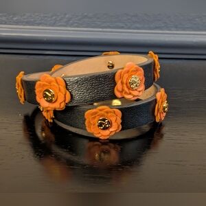 Rustic Cuff Black Leather Bracelet with Orange Floral Accents